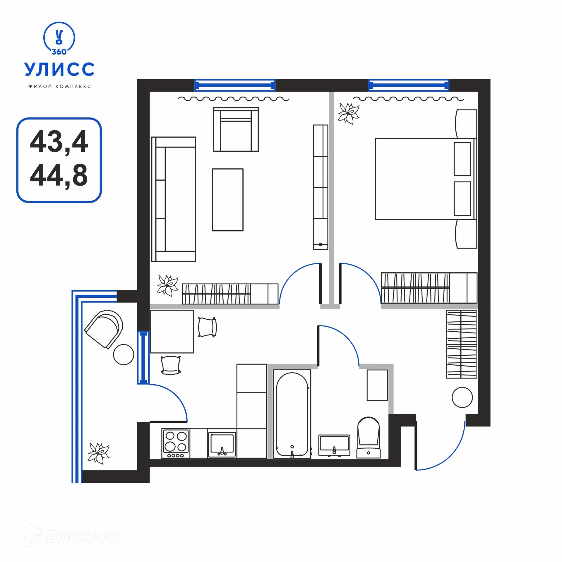 Купить 2-комнатную квартиру, 44.8 м² в ЖК УЛИСС 360 по адресу Приморский  край, Владивосток, жилой комплекс Улисс 360, 1, недорого – Домклик