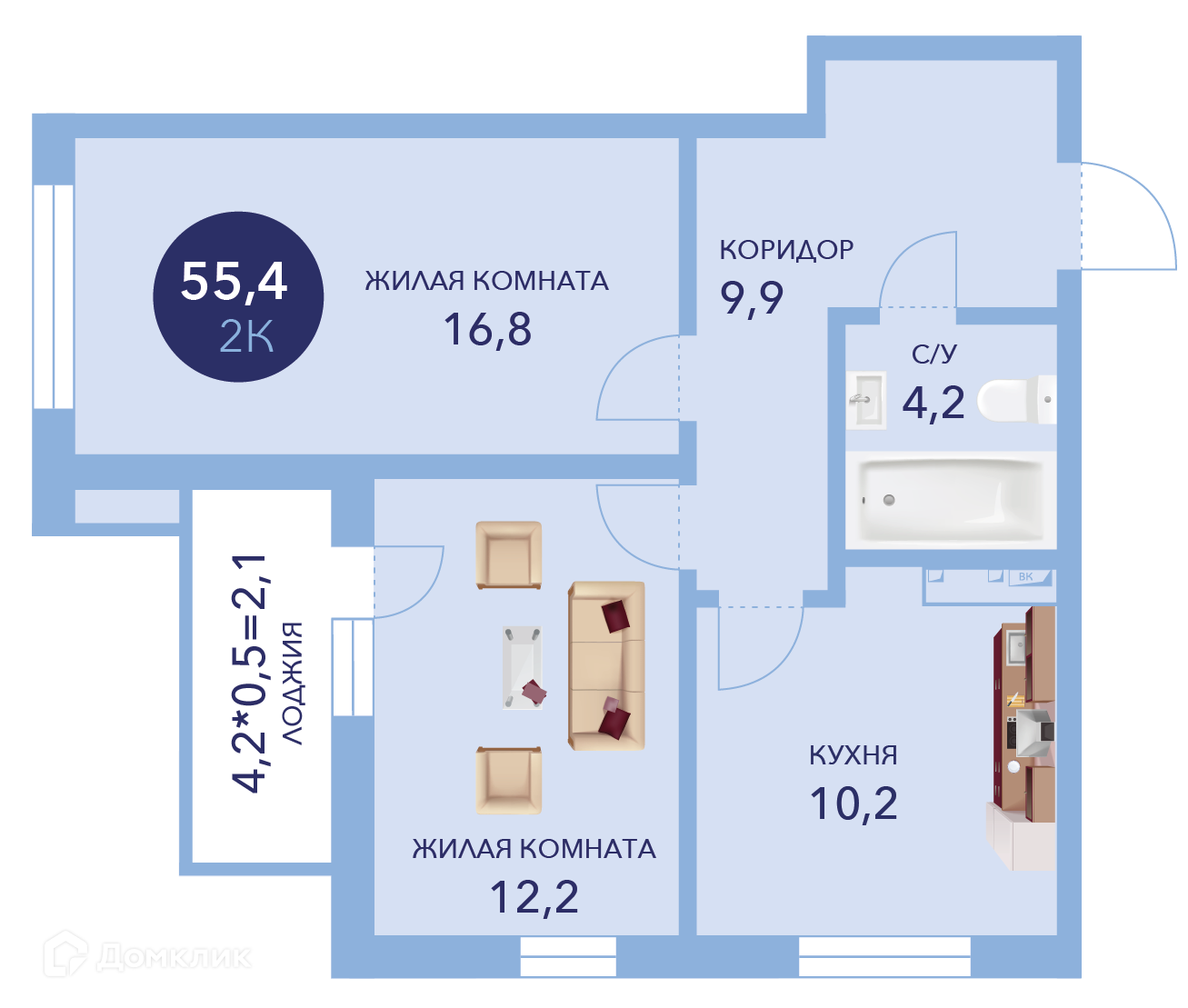 Купить 2-комнатную квартиру, 55.4 м² в ЖК Два Адмирала по адресу  Краснодарский край, Анапа, улица Ленина, 241, недорого – Домклик