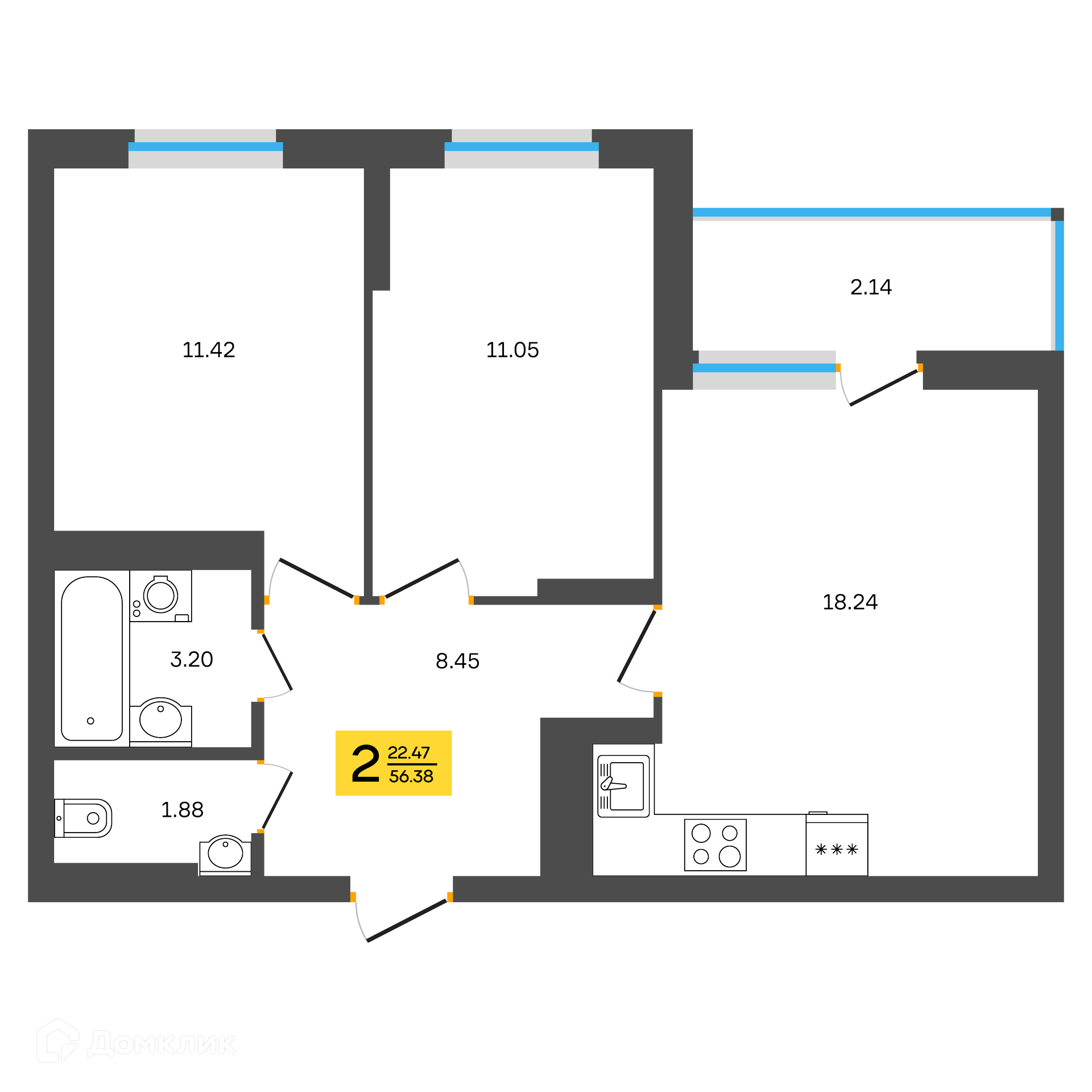 Купить 2-комнатную квартиру, 56.38 м² в ЖК Новоселов по адресу Республика  Башкортостан, Уфа, Калининский район, микрорайон Инорс, улица Новосёлов, 8,  недорого – Домклик