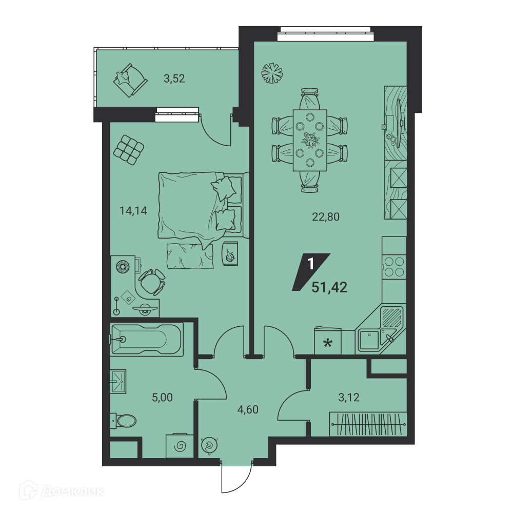 Купить 1-комнатную квартиру, 51.42 м² в ЖК Дом на Ясной по адресу  Свердловская область, Екатеринбург, улица Громова, 26, недорого – Домклик