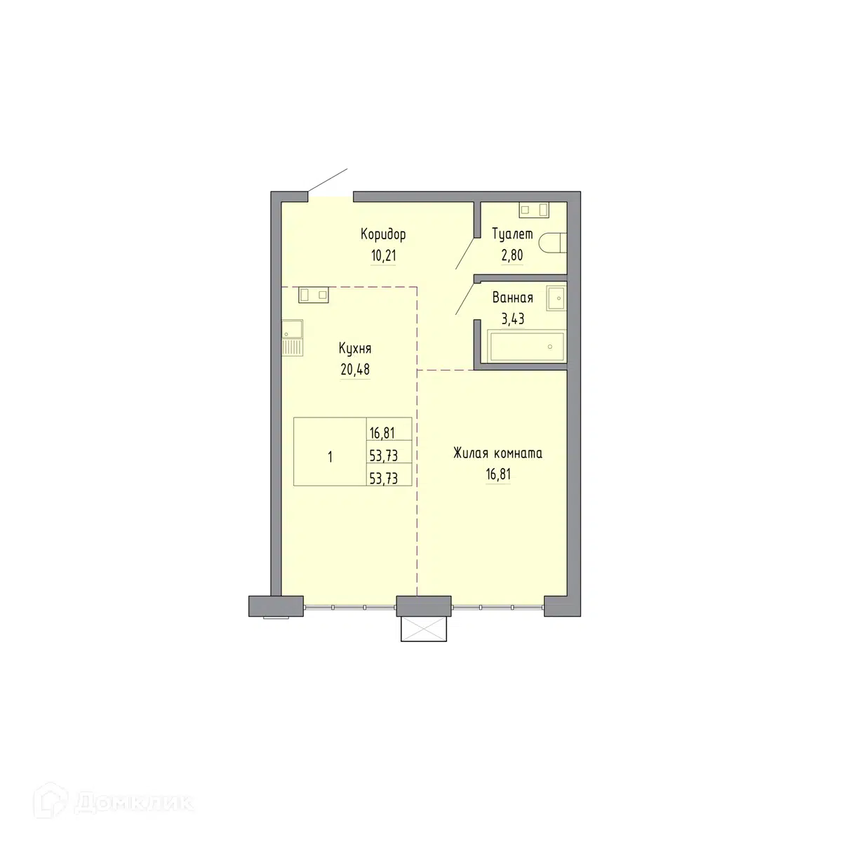 Купить 1-комнатную квартиру, 53.73 м² в ЖК ONYX (Оникс) по адресу  Хабаровск, улица Шеронова, 20, недорого – Домклик