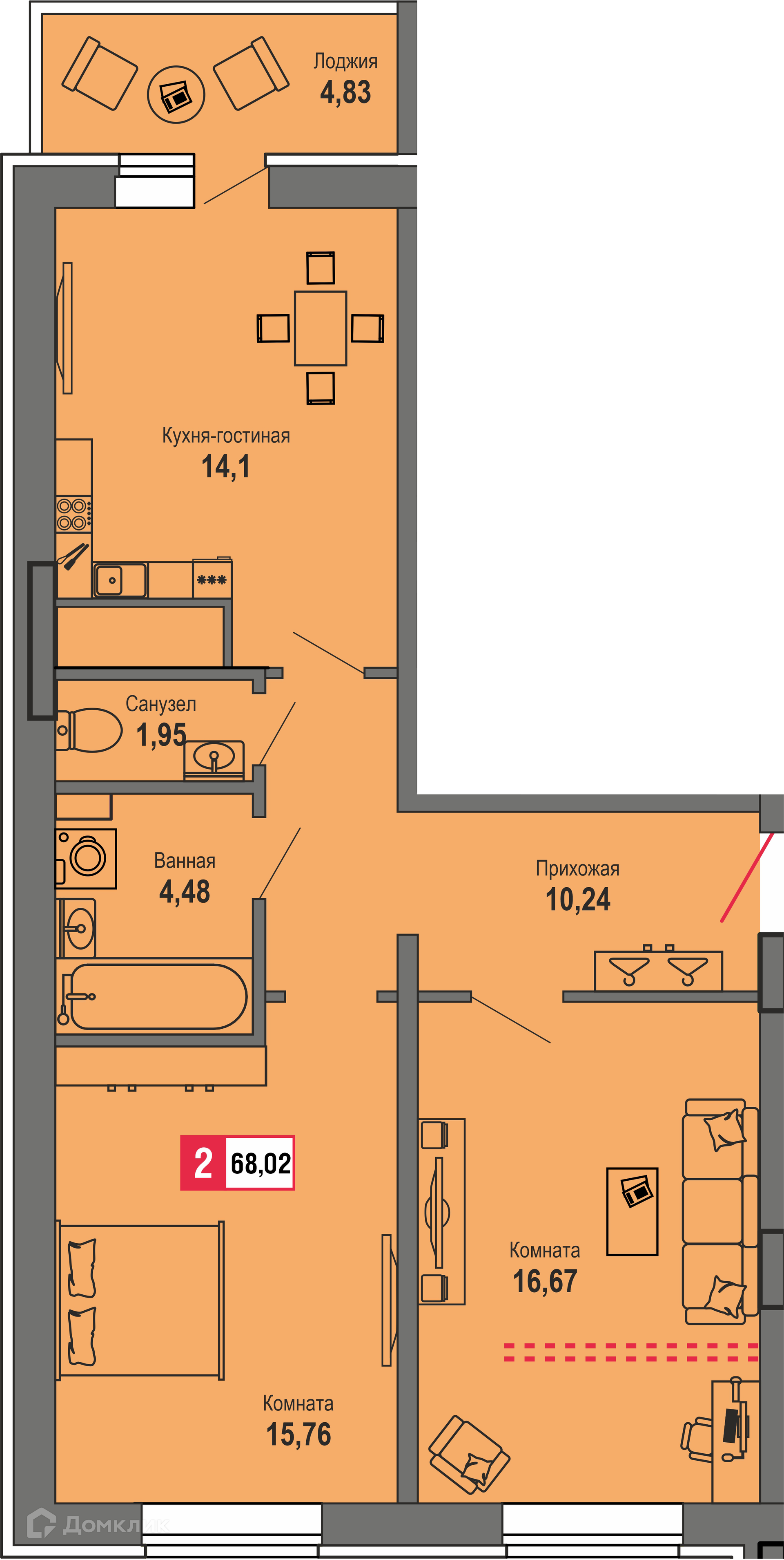 Купить 2-комнатную квартиру, 68.02 м² в ЖК ДОМ «ДИАДЕМА» по адресу Тверь,  Оснабрюкская улица, 25, недорого – Домклик