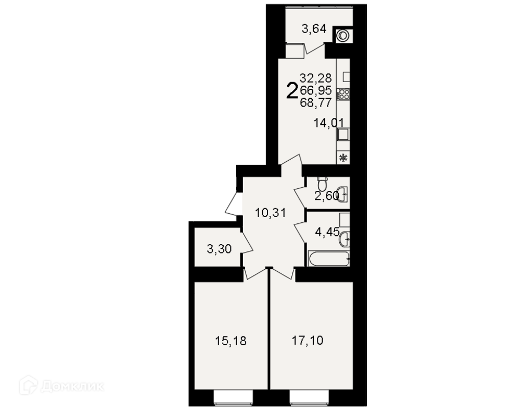 Купить 2-комнатную квартиру, 68.77 м² в ЖК Видный по адресу Рязань, район  Семчино, Семчинская улица, 5, недорого – Домклик