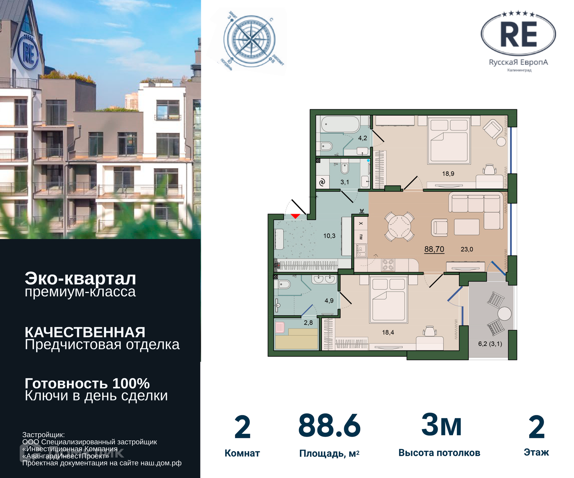 Купить 2-комнатную квартиру, 88.6 м² в ЖК Русская Европа по адресу  Калининград, улица Молодой Гвардии, 36, недорого – Домклик