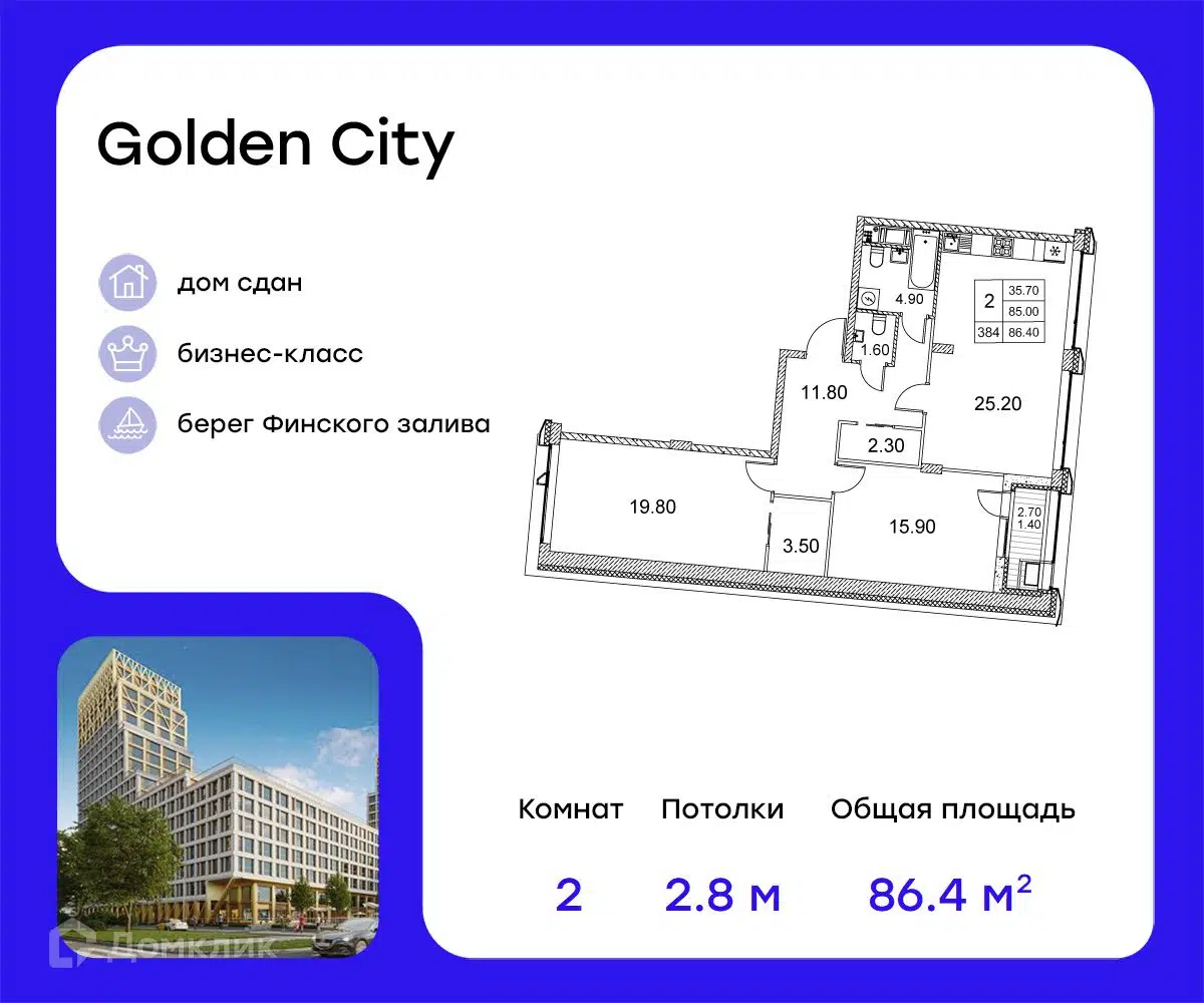 Купить 2-комнатную квартиру, 86.4 м² в ЖК Golden City по адресу Санкт- Петербург, улица Челюскина, 6, недорого – Домклик