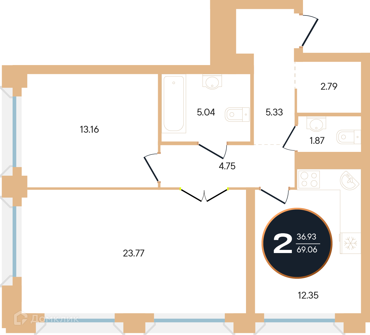 Купить 2-комнатную квартиру, 69.06 м² в ЖК Зорге.Премьер по адресу  Республика Башкортостан, Уфа, жилой комплекс Зорге Премьер, недорого –  Домклик