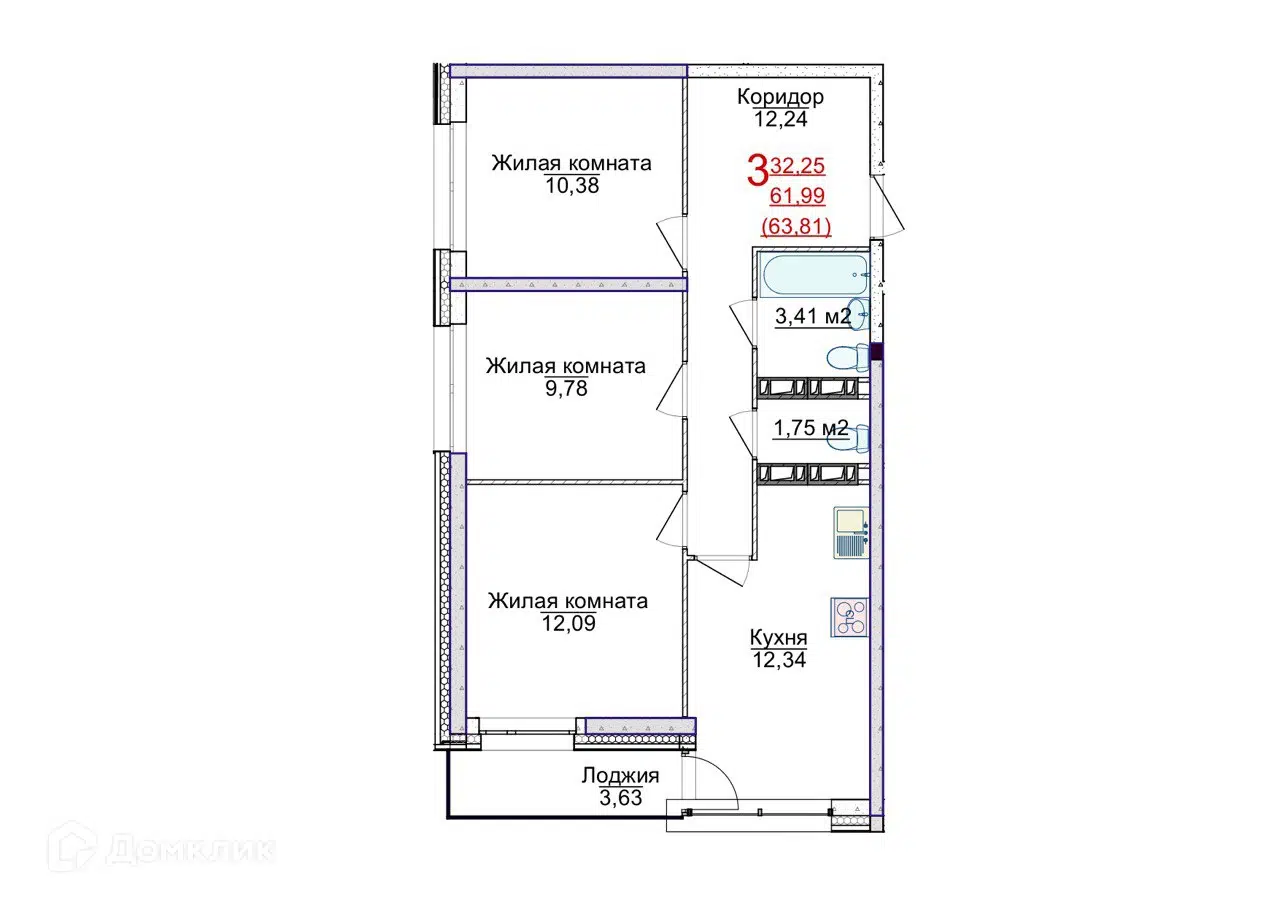 Купить 3-комнатную квартиру, 63.81 м² в ЖК Аэропарк по адресу Ярославль,  посёлок Сокол, 31А, недорого – Домклик