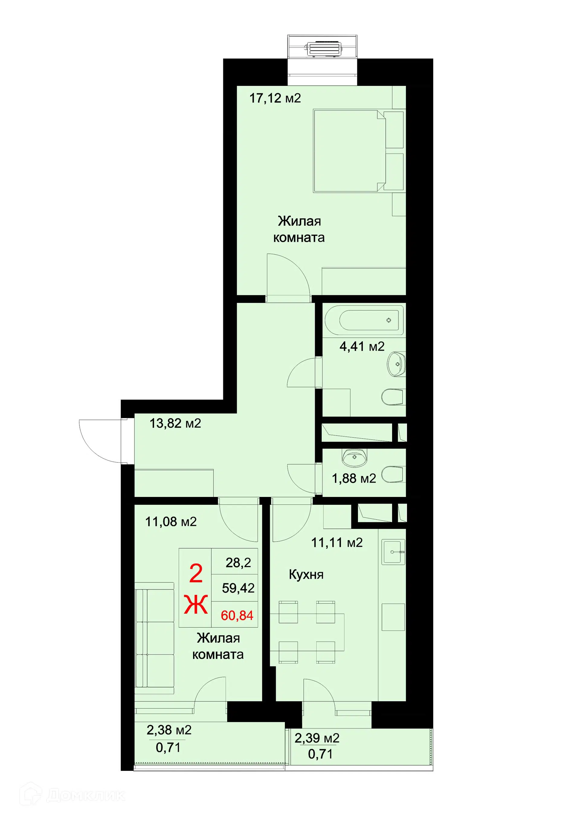 Купить 2-комнатную квартиру, 60.84 м² в ЖК Стрела по адресу Республика  Татарстан, Казань, улица Рауиса Гареева, 78, недорого – Домклик