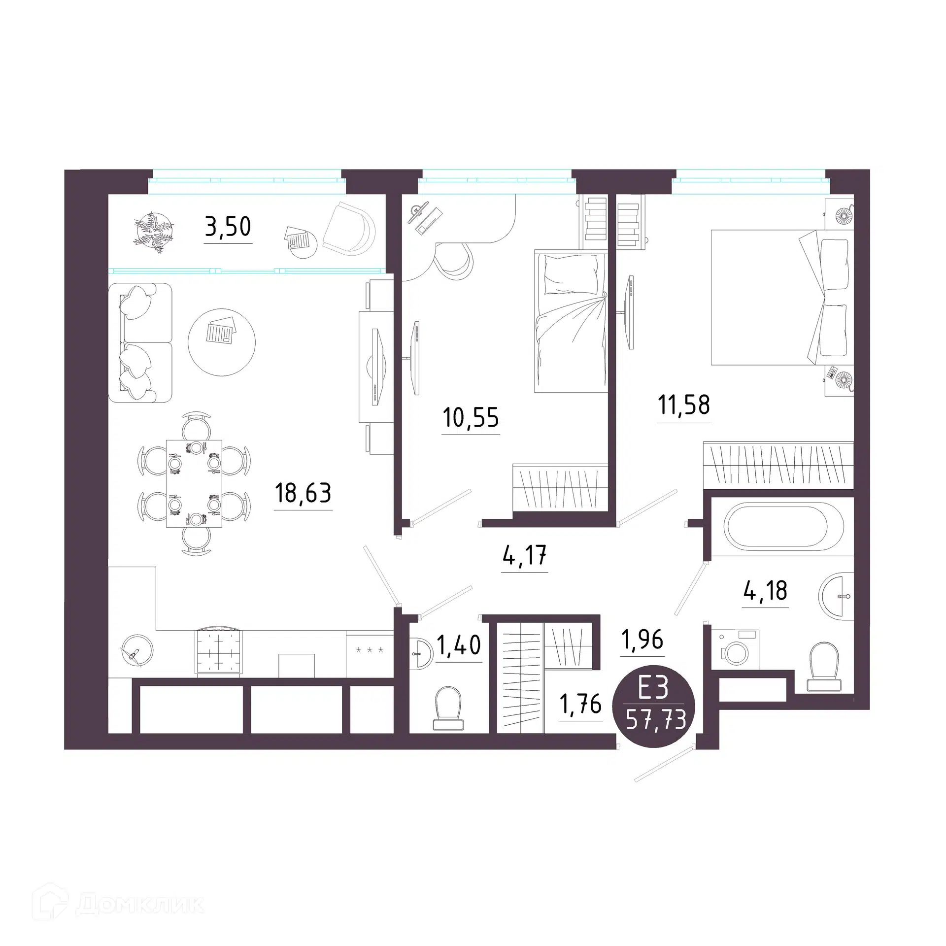 Купить 2-комнатную квартиру, 57.73 м² в ЖК Крылья по адресу Рязань,  Михайловский район, недорого – Домклик