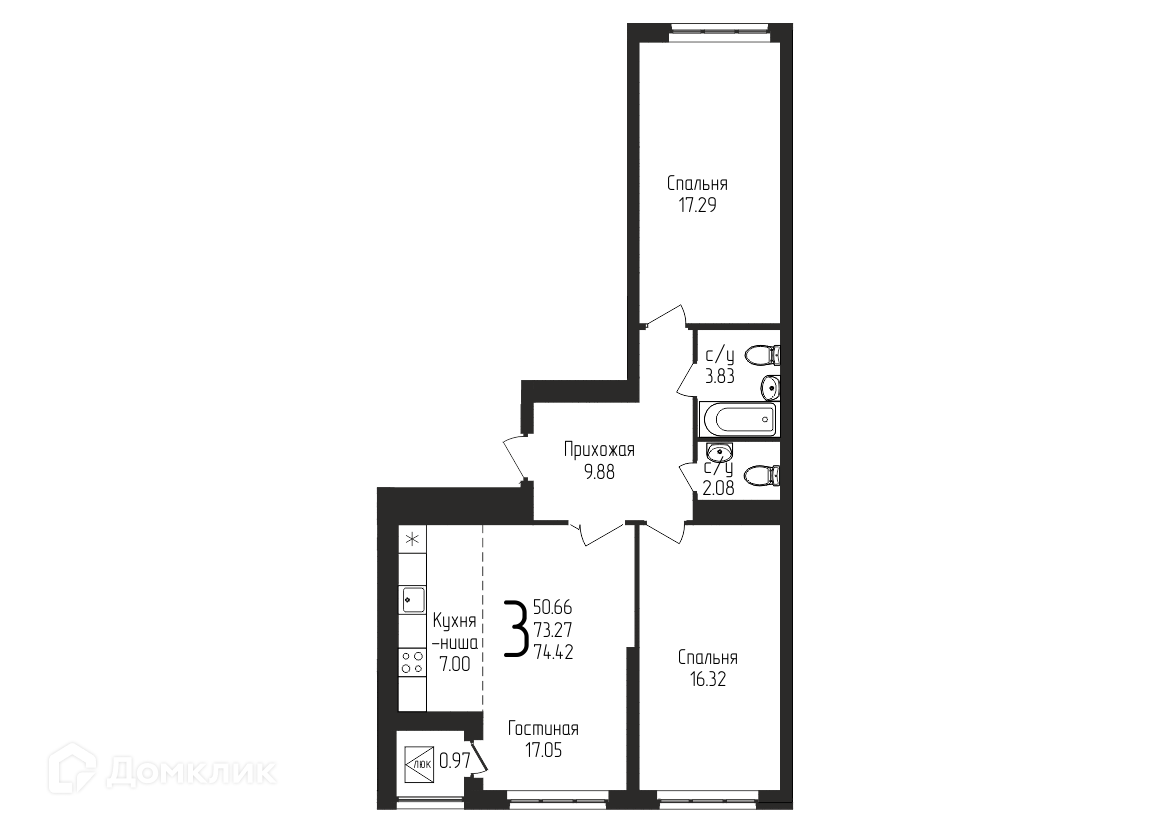 Купить 3-комнатную квартиру, 74.42 м² в ЖК Свобода по адресу Республика  Башкортостан, Уфа, улица Кузнецовский Затон, 11/5, недорого – Домклик