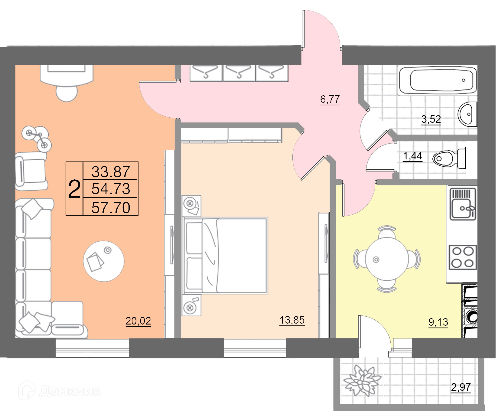 Купить 2-комнатную квартиру, 57.7 м² в ЖК Новый Смоленск по адресу Смоленск,  Киевское шоссе, 58, недорого – Домклик