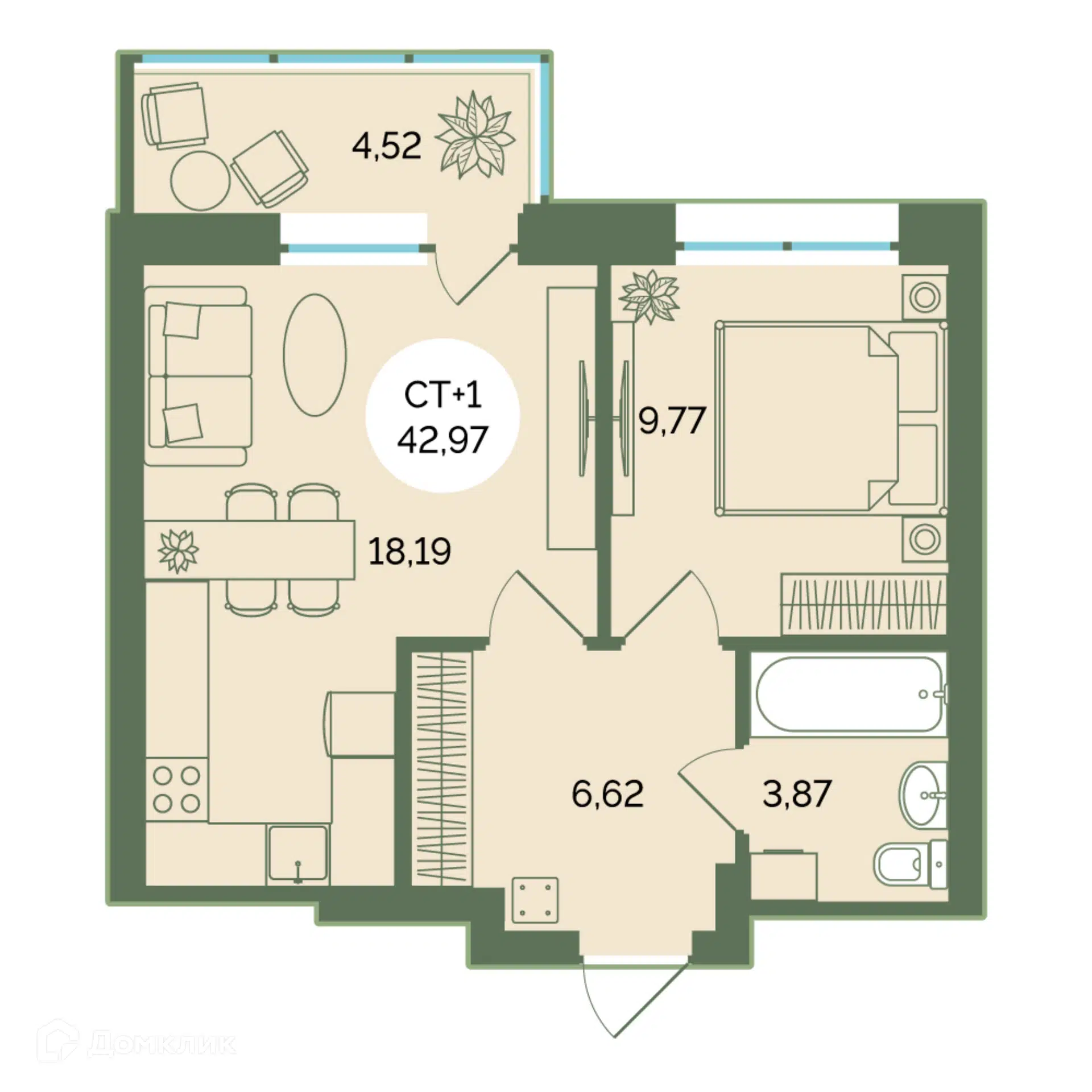 Купить 1-комнатную квартиру, 42.97 м² в ЖК Бенуа по адресу Ханты-Мансийский  автономный округ, Сургут, недорого – Домклик