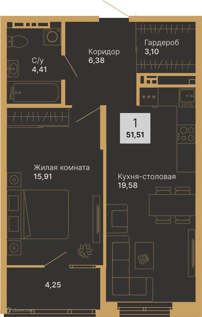 Купить 1-комнатную квартиру, 52.36 м² в ЖК Дуэт по адресу Свердловская  область, Верхняя Пышма, улица Мальцева, 1, недорого – Домклик