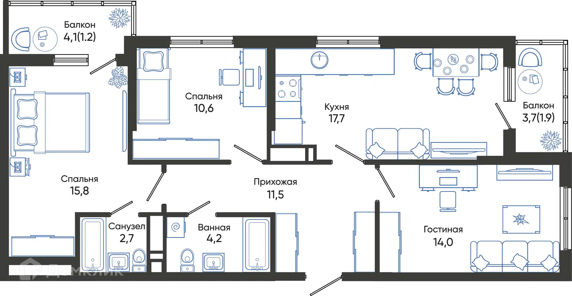 Купить 3-комнатную квартиру, 79.6 м² в ЖК ОБЛАКА по адресу Краснодарский  край, Новороссийск, улица Куникова, 55к1, недорого – Домклик