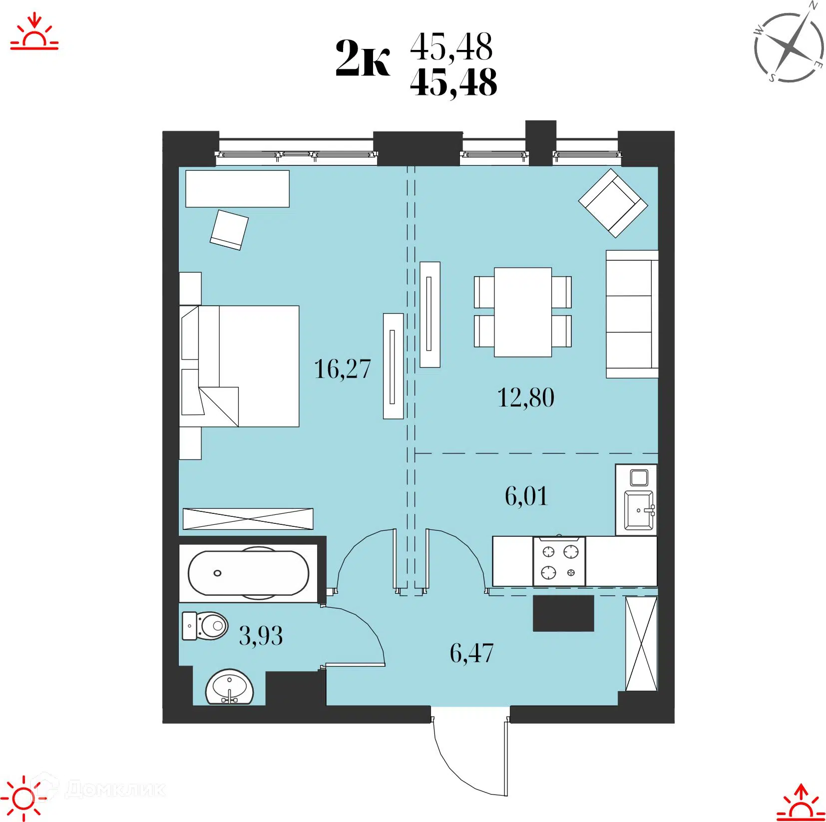 Купить 2-комнатную квартиру, 45.48 м² в ЖК Адмирал по адресу Хабаровск,  улица Юнгов, недорого – Домклик