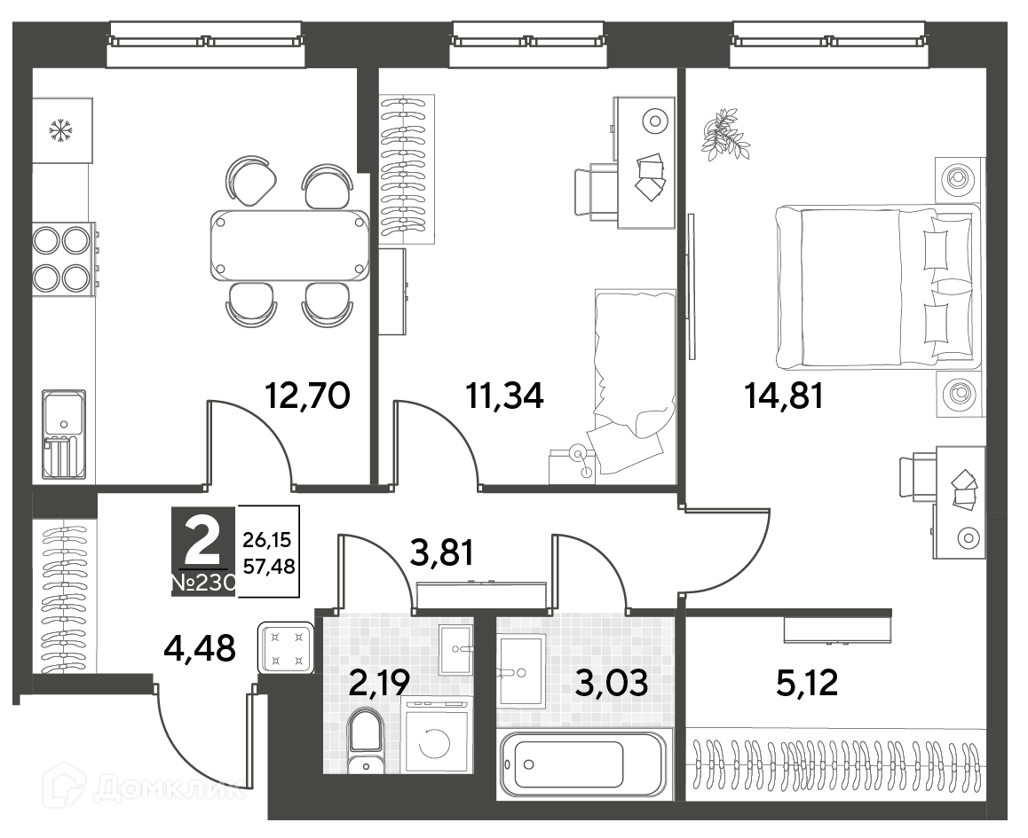 Купить 2-комнатную квартиру, 57.48 м² в ЖК Космопарк по адресу Калуга,  улица Болдина, 22, недорого – Домклик