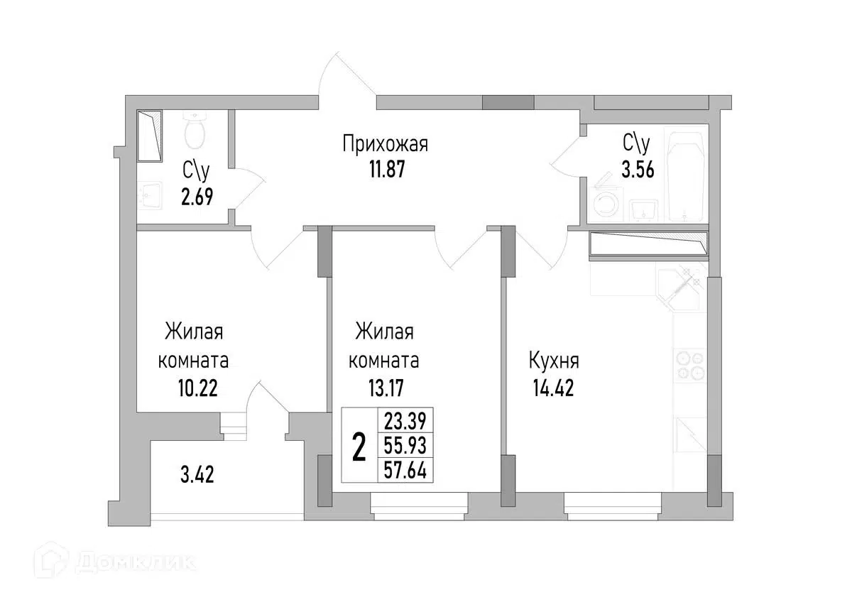 Купить 2-комнатную квартиру, 57.64 м² в ЖК НОВЫЙ СОЛНЕЧНЫЙ по адресу Воронеж,  проспект Труда, 139Б, недорого – Домклик