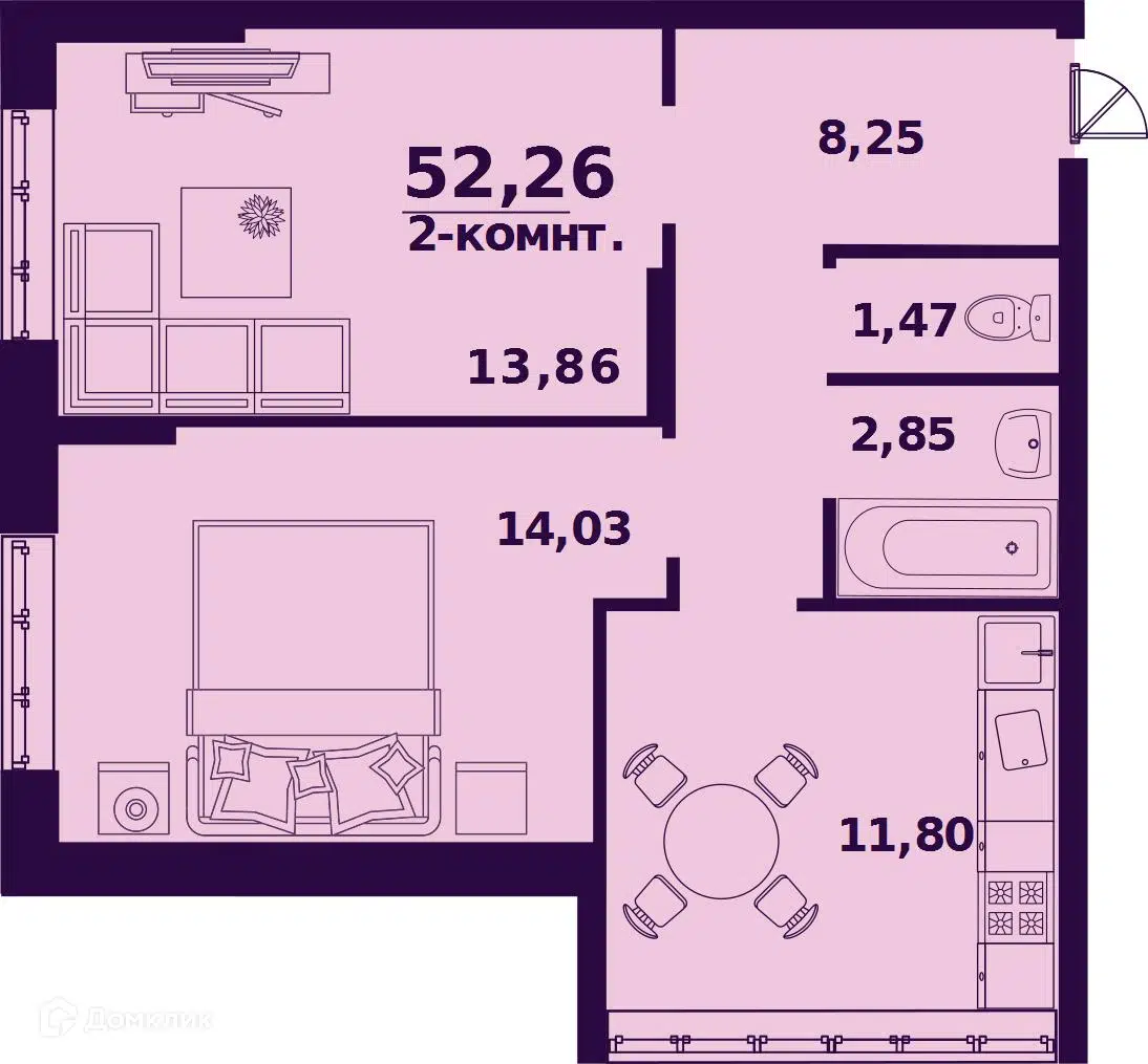 Купить 2-комнатную квартиру, 52.26 м² в ЖК Сиреневый по адресу Ульяновск,  микрорайон Верхняя Терраса, жилой комплекс Сиреневый, недорого – Домклик