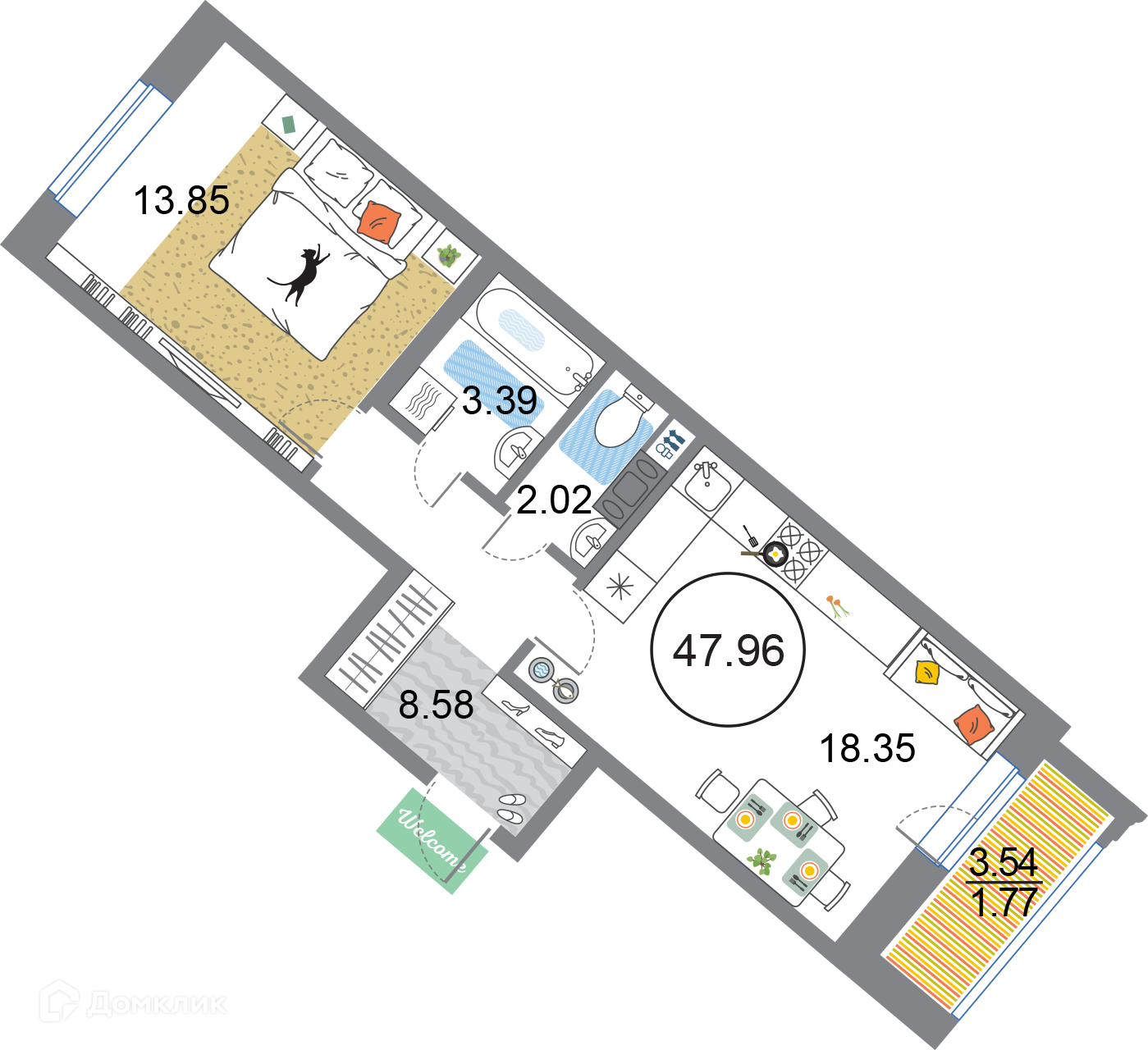 Купить 1-комнатную квартиру, 47.96 м² в ЖК Modum (Модум) по адресу Санкт- Петербург, проспект Авиаконструкторов, 54, недорого – Домклик