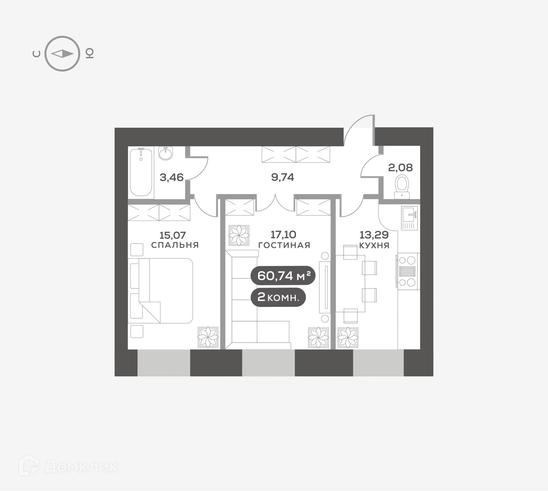 Купить 2-комнатную квартиру, 60.74 м² в ЖК Сити-квартал на Взлетной по  адресу Красноярск, микрорайон Взлётка, недорого – Домклик