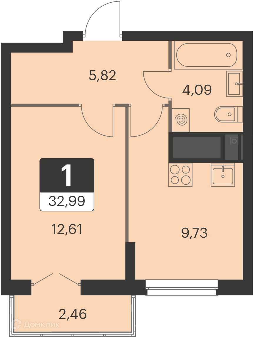 Купить 1-комнатную квартиру, 32.99 м² в ЖК Спутник-1 по адресу Свердловская  область, Екатеринбург, улица Академика Ландау, 17/6, недорого – Домклик