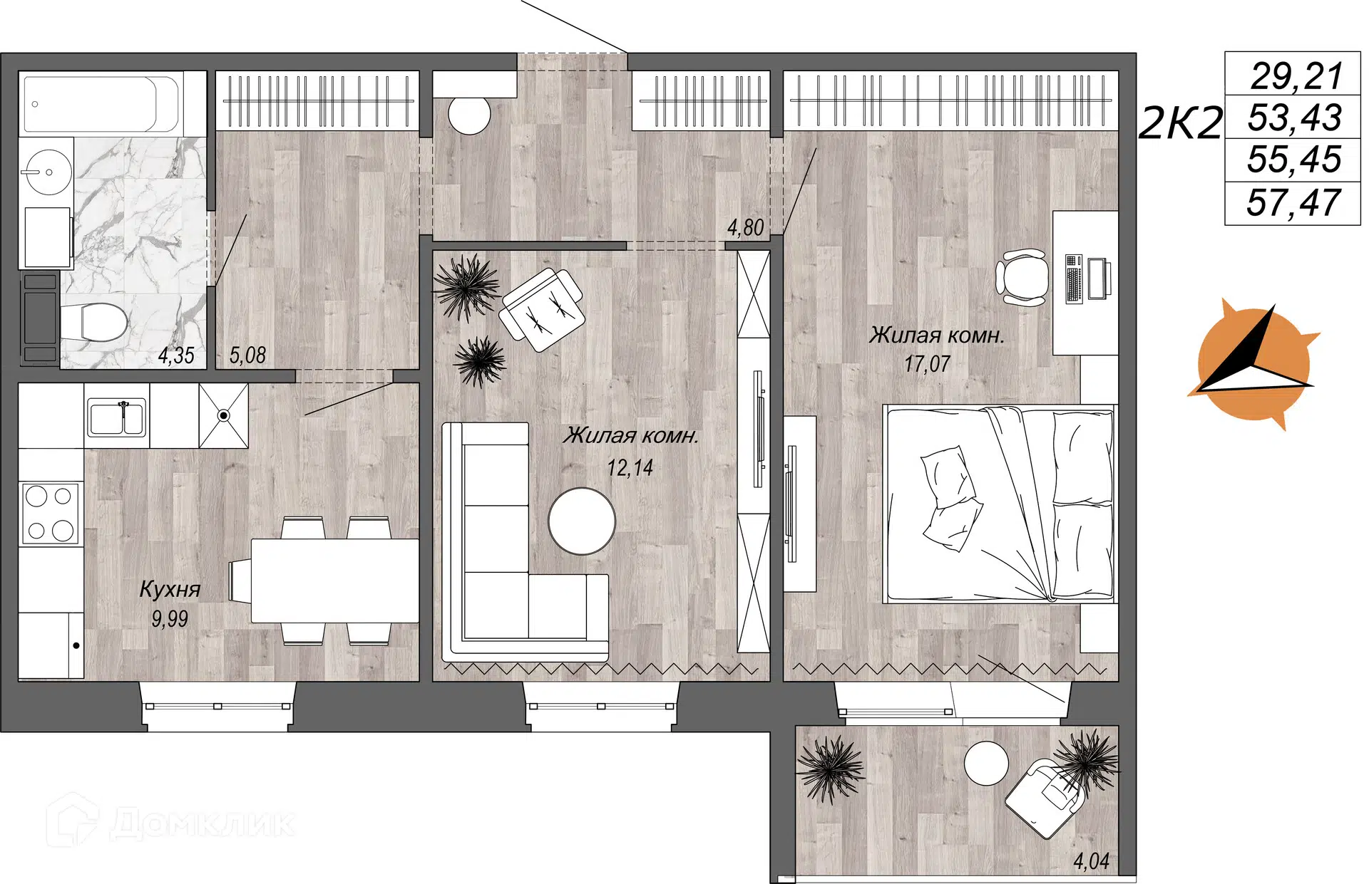 Купить 2-комнатную квартиру, 57.47 м² в ЖК Апельсин по адресу Хабаровск,  улица Лейтенанта Шмидта, 34, недорого – Домклик