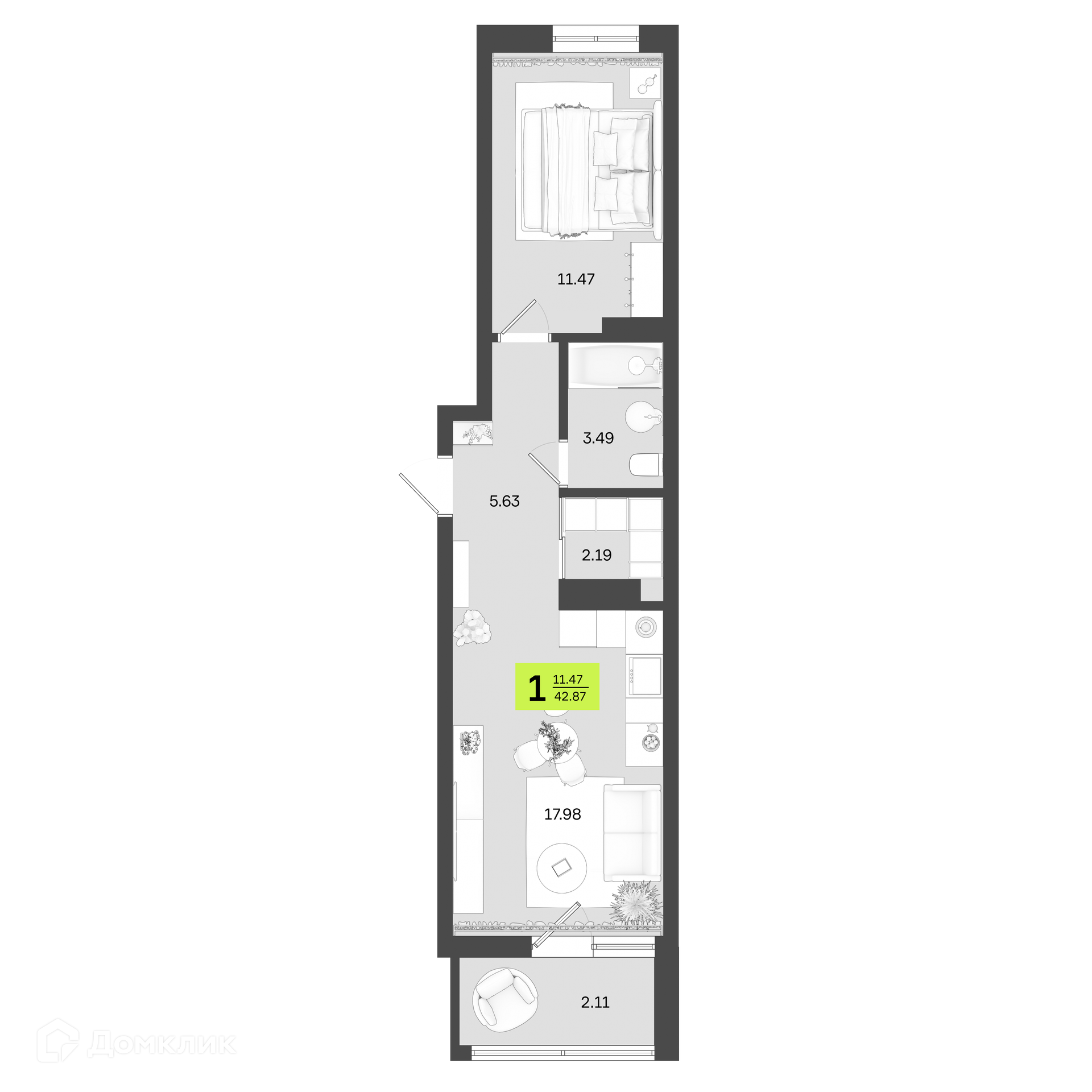 Купить 1-комнатную квартиру, 42.87 м² в ЖК Новый Фамильный по адресу  Республика Башкортостан, Уфа, улица Акназарова, 20, недорого – Домклик