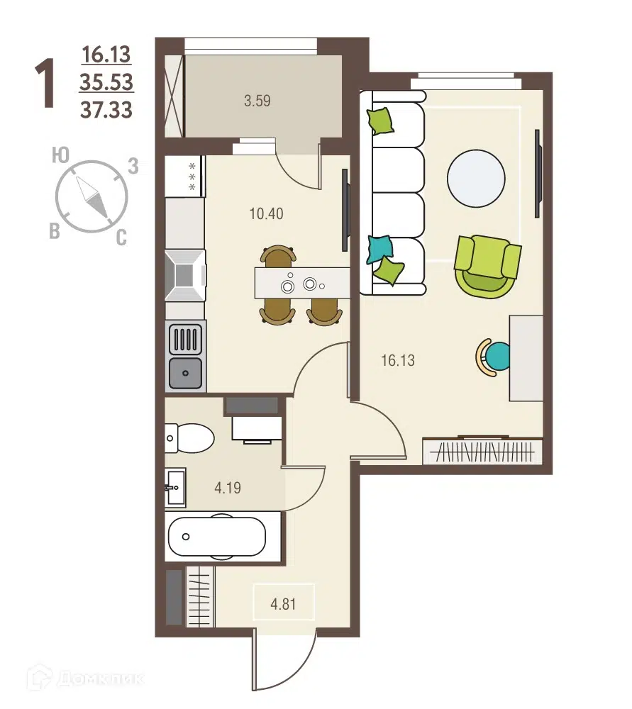 Купить 1-комнатную квартиру, 37.33 м² в ЖК Инстеп.Сити по адресу Курск,  улица Энгельса, 115/2, недорого – Домклик