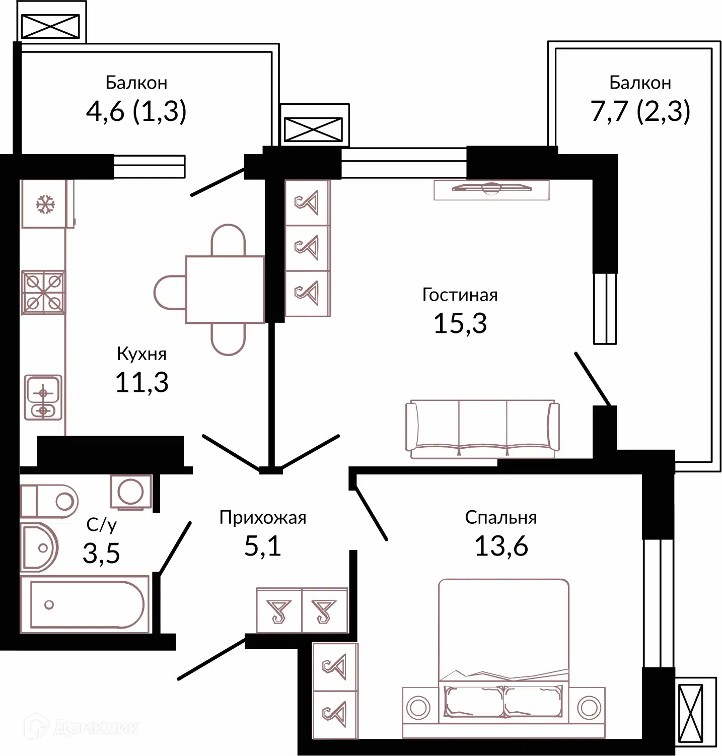 Купить 2-комнатную квартиру, 52.5 м² в ЖК ОТРАЖЕНИЕ по адресу Краснодар,  шоссе Ближний Западный Обход, 2к3, недорого – Домклик