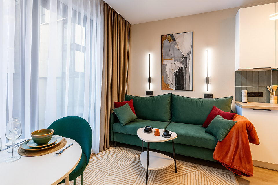 Уютная студия с ярким зеленым диваном