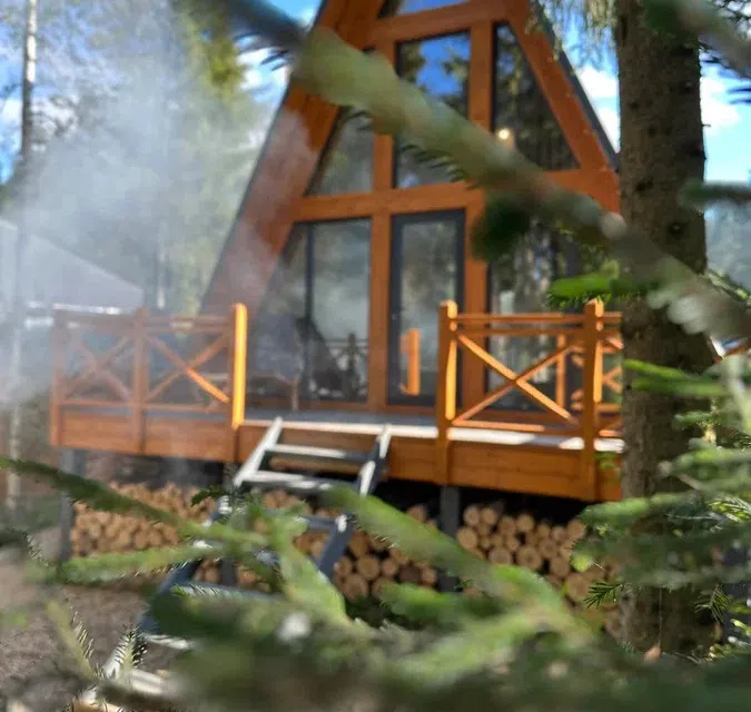 A-frame дом в хвойном лесу