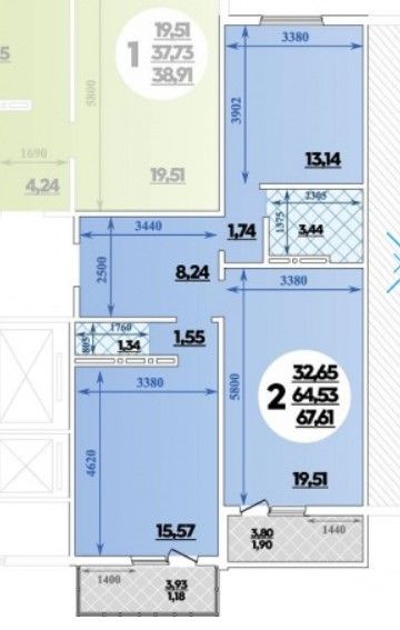 Сдаётся 2-комнатная квартира, 64.7 м²
