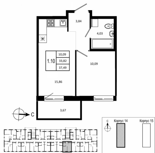 Сдаётся 1-комнатная квартира, 37.49 м²