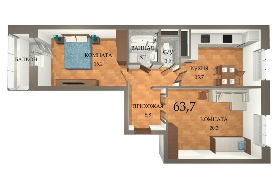 Сдаётся 2-комнатная квартира, 65 м²