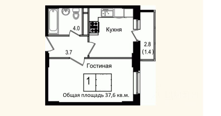 Сдаётся 1-комнатная квартира, 37.6 м²
