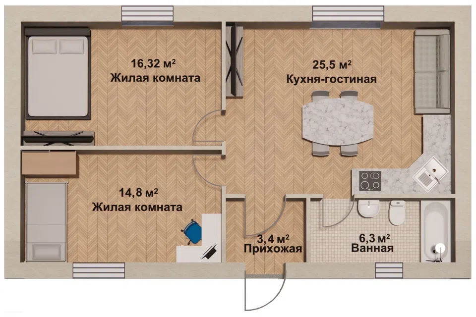 Проект дома Житеево 66 из материала Газобетонные блоки площадью
       66 м²,
       2 спальни,
       1 этаж