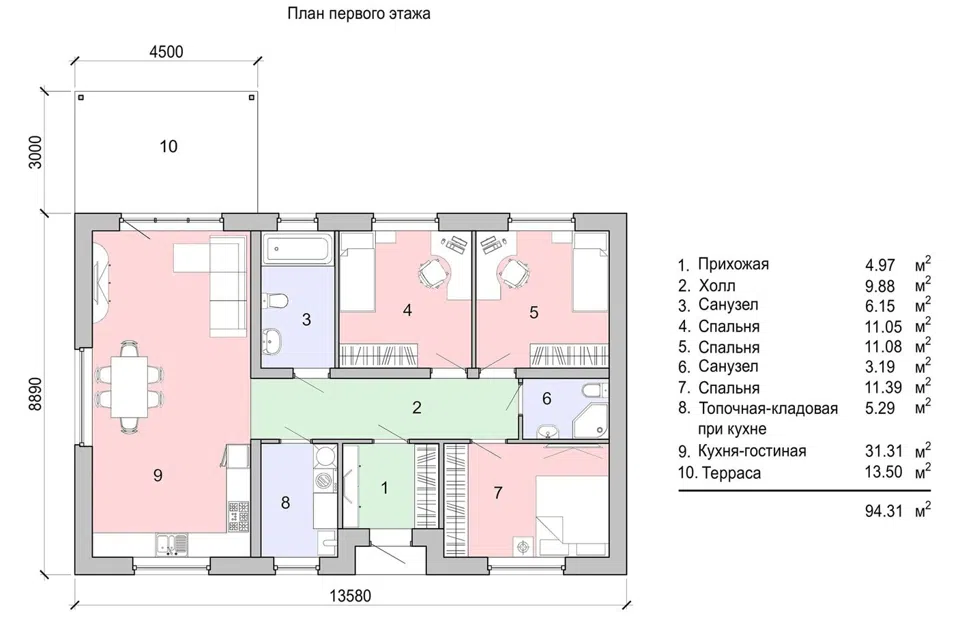 Проект дома Проект №461 из материала Газобетонные блоки площадью
94 м²,
3 спальни,
1 этаж
