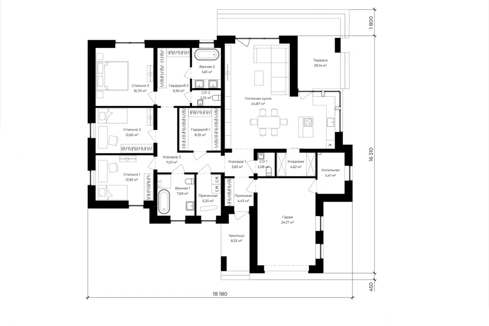 Проект дома S101 из материала Газобетонные блоки площадью
181,57 м²,
4 спальни,
1 этаж
