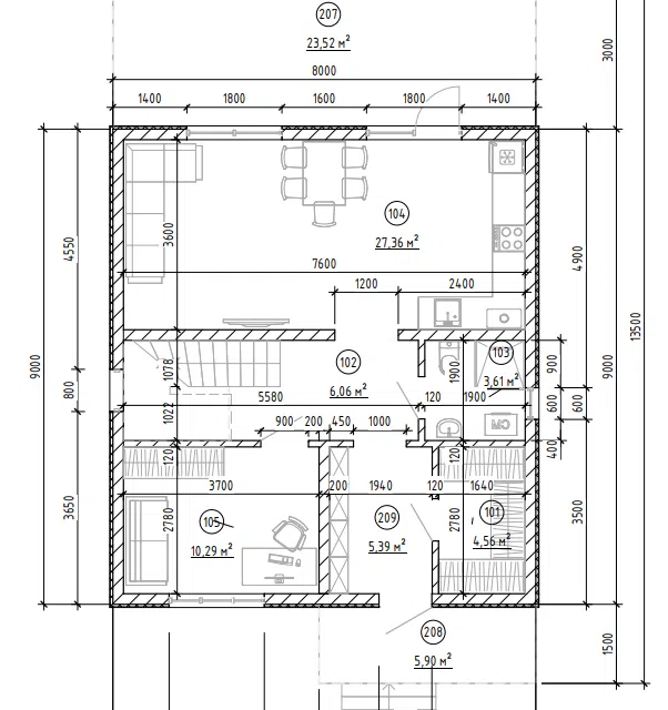 Проект дома Проект 105 из материала Кирпич площадью
115 м²,
5 спален,
2 этажа