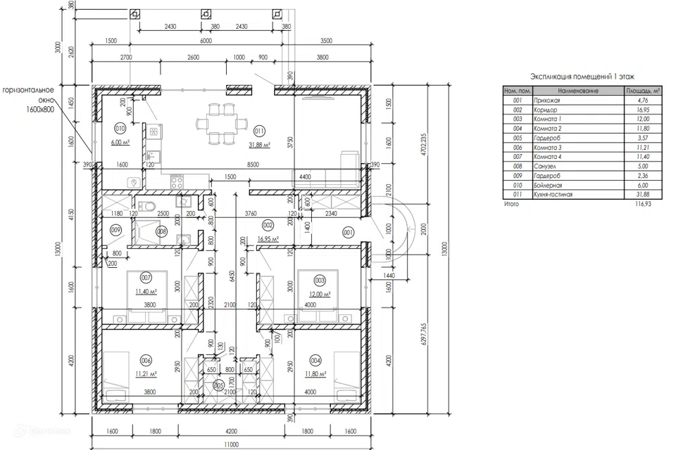 Проект дома Проект 166 из материала Кирпич площадью
116,93 м²,
4 спальни,
1 этаж