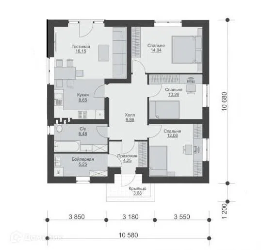 Проект дома Сапфир из материала Газобетонные блоки площадью
87 м²,
3 спальни,
1 этаж