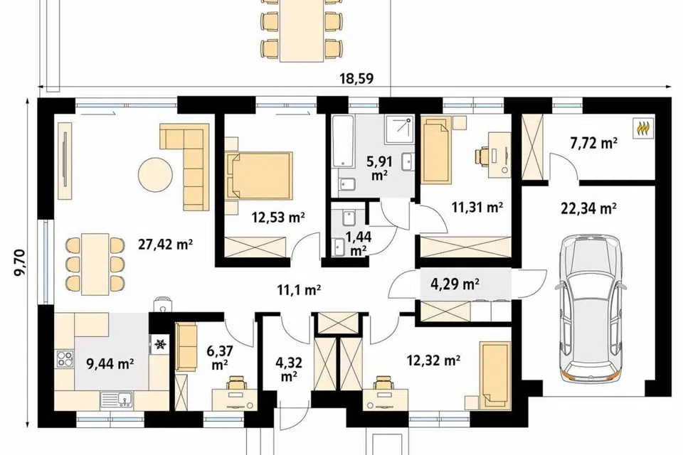 Проект дома Элитный из материала Кирпич площадью
       150 м²,
       4 спальни,
       1 этаж