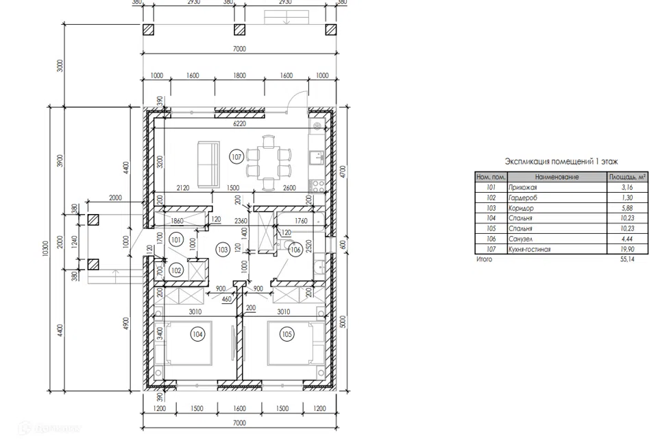 Проект дома Проект 160 из материала Кирпич площадью
55,14 м²,
2 спальни,
1 этаж