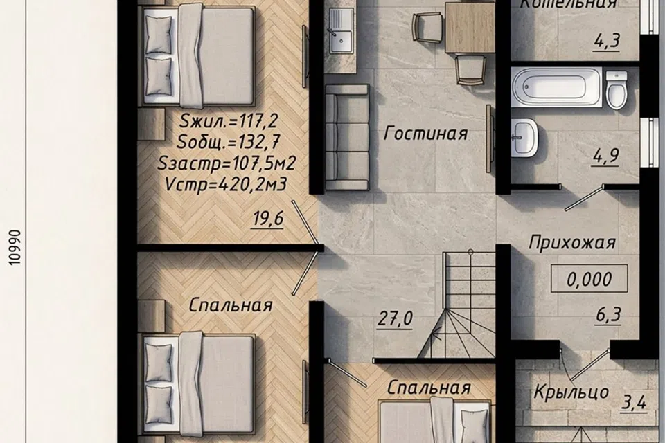 Проект дома дом двухэтажный 132,7 кв.м. из материала Кирпич площадью 
       132,7 м²,
       4 спальни,
       2 этажа