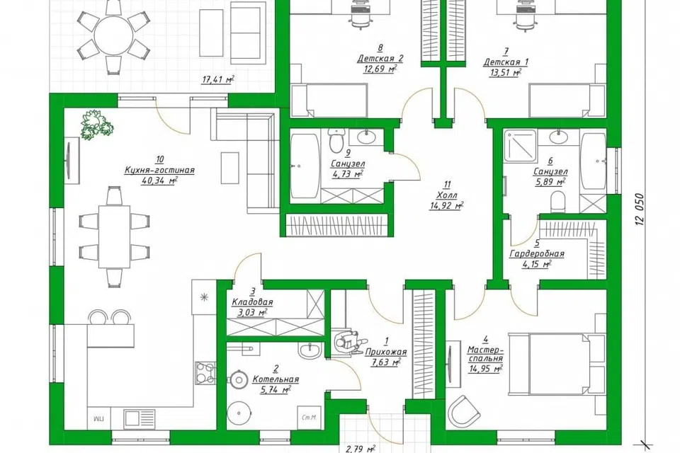 Проект дома 12-177 из материала Газобетонные блоки площадью 
       127 м²,
       3 спальни,
       1 этаж