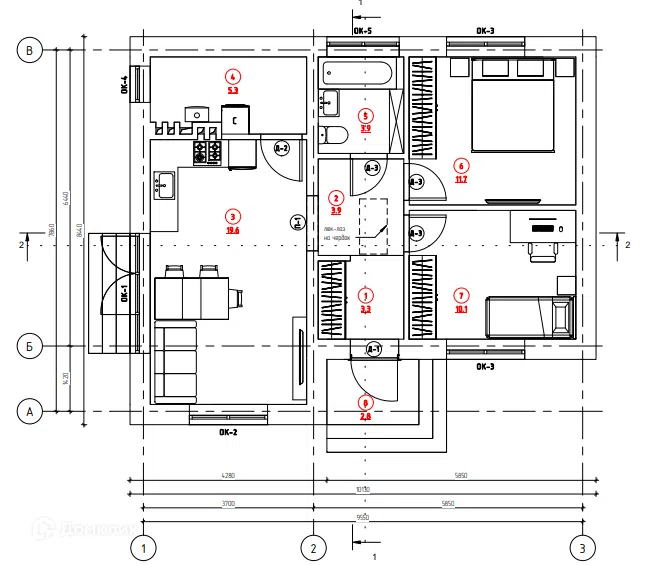 Проект дома дом проект 80м2 из материала Кирпич площадью
80 м²,
2 спальни,
1 этаж