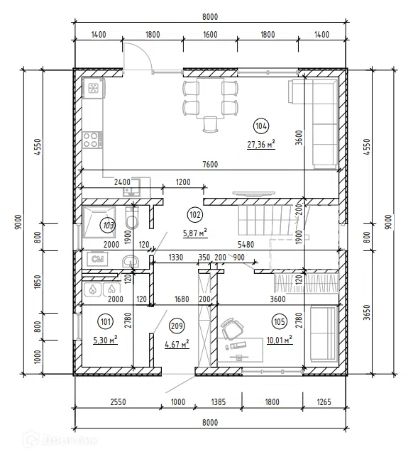 Проект дома Проект 104 из материала Кирпич площадью
114,74 м²,
5 спален,
2 этажа