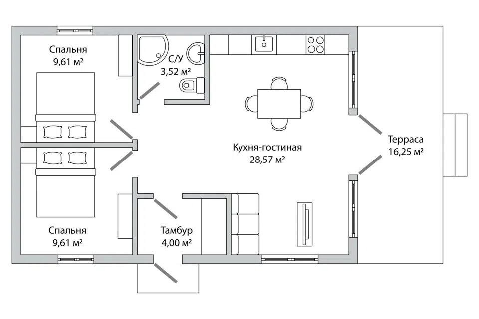 Проект дома Ваара из материала Каркасный дом площадью
57 м²,
2 спальни,
1 этаж
