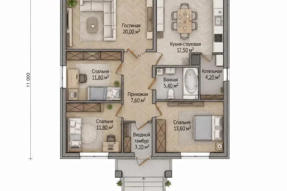 Проект дома 3 из материала Кирпич площадью
91 м²,
4 спальни,
1 этаж