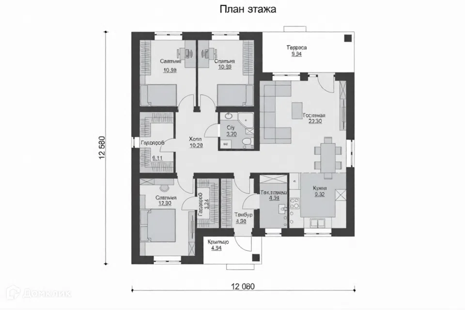 Проект дома Аметист из материала Газобетонные блоки площадью
99,92 м²,
3 спальни,
1 этаж